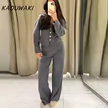 Knitted V-neck Shirt Pants Women Suit Slim Full Sleeve Button Cardigan Straight Trouser Autumn Winter Lady 2-piece Set