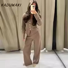 Knitted V-neck Shirt Pants Women Suit Slim Full Sleeve Button Cardigan Straight Trouser Autumn Winter Lady 2-piece Set