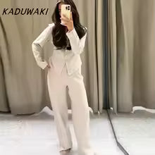 Knitted V-neck Shirt Pants Women Suit Slim Full Sleeve Button Cardigan Straight Trouser Autumn Winter Lady 2-piece Set