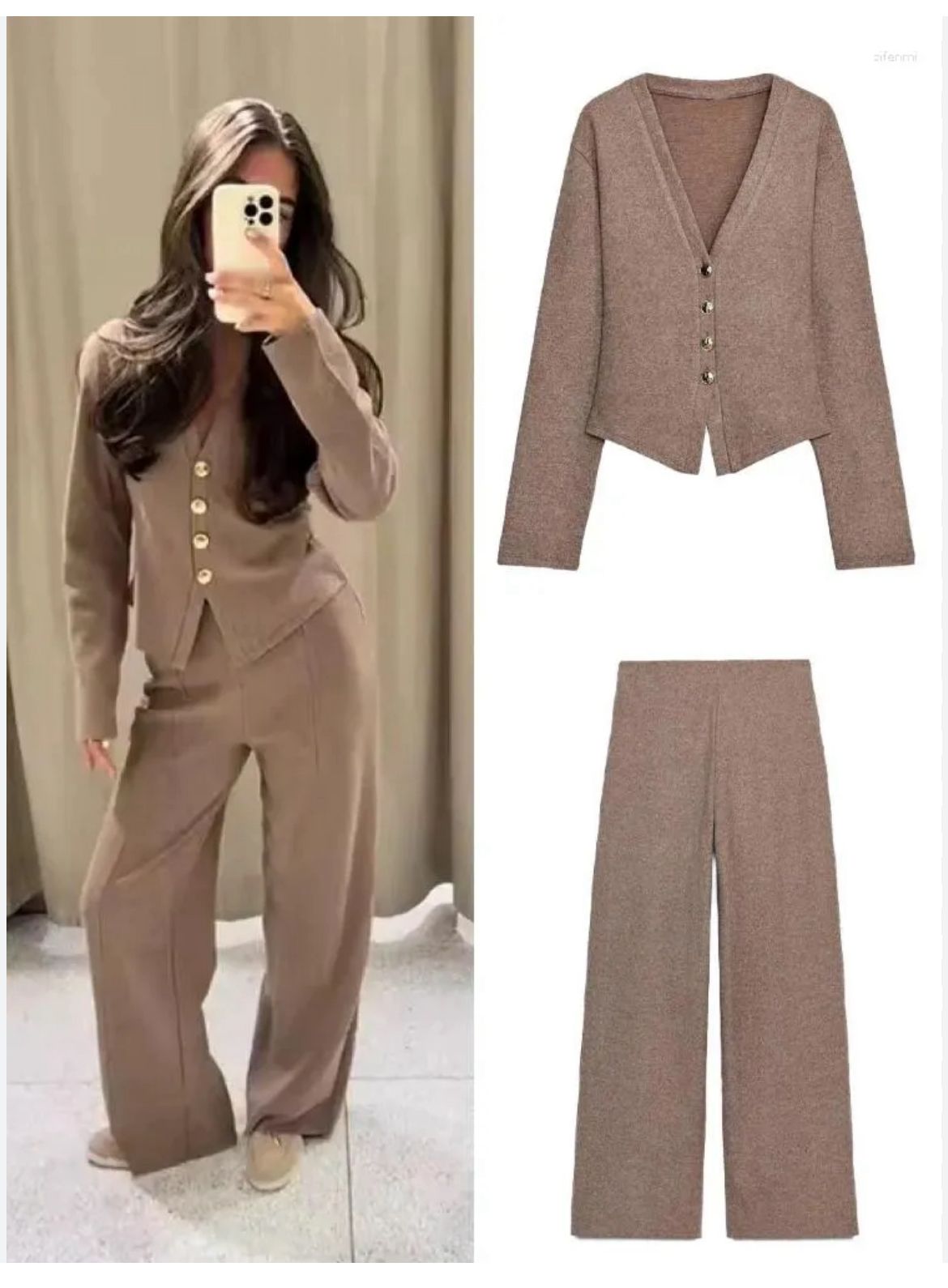 Knitted V-neck Shirt Pants Women Suit Slim Full Sleeve Button Cardigan Straight Trouser Autumn Winter Lady 2-piece Set